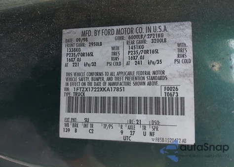 1999 Ford F-150 Work Series/Xl/Xlt from USA, damaged, VIN 1FTZX1722XKA17851